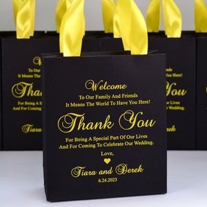 25 Wedding Welcome and Thank You Bags with satin ribbon handles, Elegant Wedding Favor Bags, Yellow Personalized Gifts & Favors