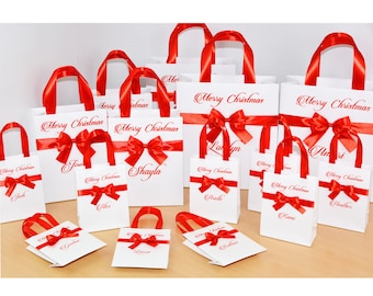 Personalized Merry Christmas gift bags - Holiday Gift Bag with Red satin ribbon, bow and custom names, Elegant bags for Xmas party guests