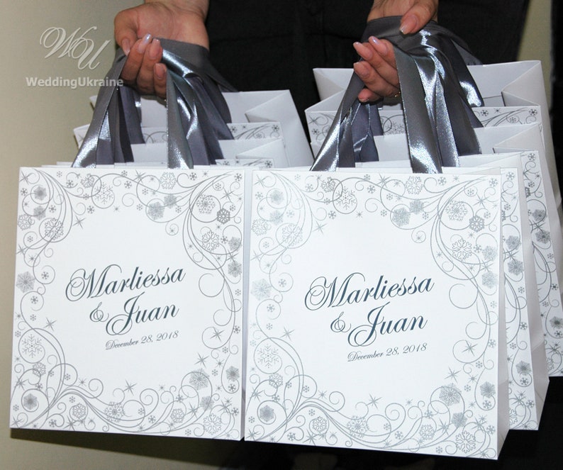 Gift Paper Bags for your Wedding guests Custom Personalized wedding favors Winter Wonderland 50 Welcome Bags with satin ribbon and names