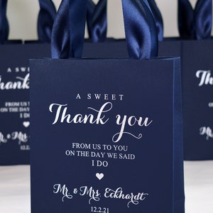 20 Navy Blue & Silver Wedding Favor Bags With Satin Ribbon Handles and ...
