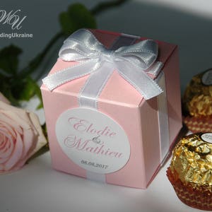 Light Pink Wedding bonbonniere with satin ribbon bow and tag. Elegant Personalized Wedding favor boxes for candies for guests