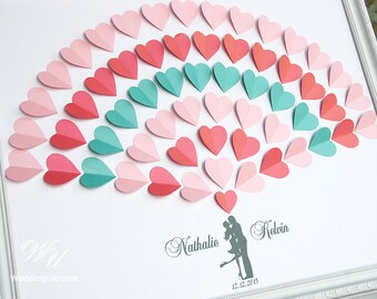 Alternative Guest Book Wedding Guest Book Ideas Alternative Wedding Guestbook Modern Wedding Guestbook with 3D hearts, Blush - Coral - Mint