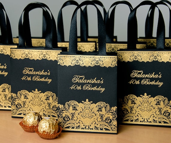 30 Black & Gold Birthday Party Gift Bags With Satin Ribbon Handles and  Custom Name Personalized Anniversary Party Gift and Favors for Guests 