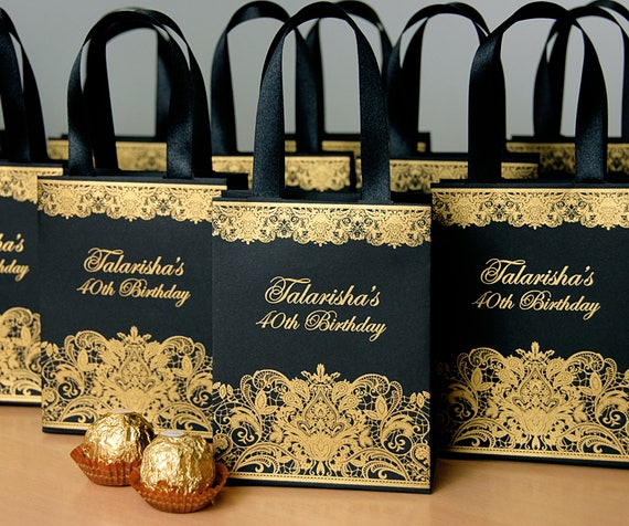 30 Black & Gold Birthday Party Gift Bags With Satin Ribbon Handles and  Custom Name Personalized Anniversary Party Gift and Favors for Guests 