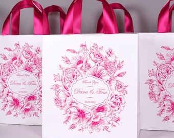 Personalisierte rosa Blumenhochzeits-Willkommenstaschen, Satinbandgriffe, 30er-Set