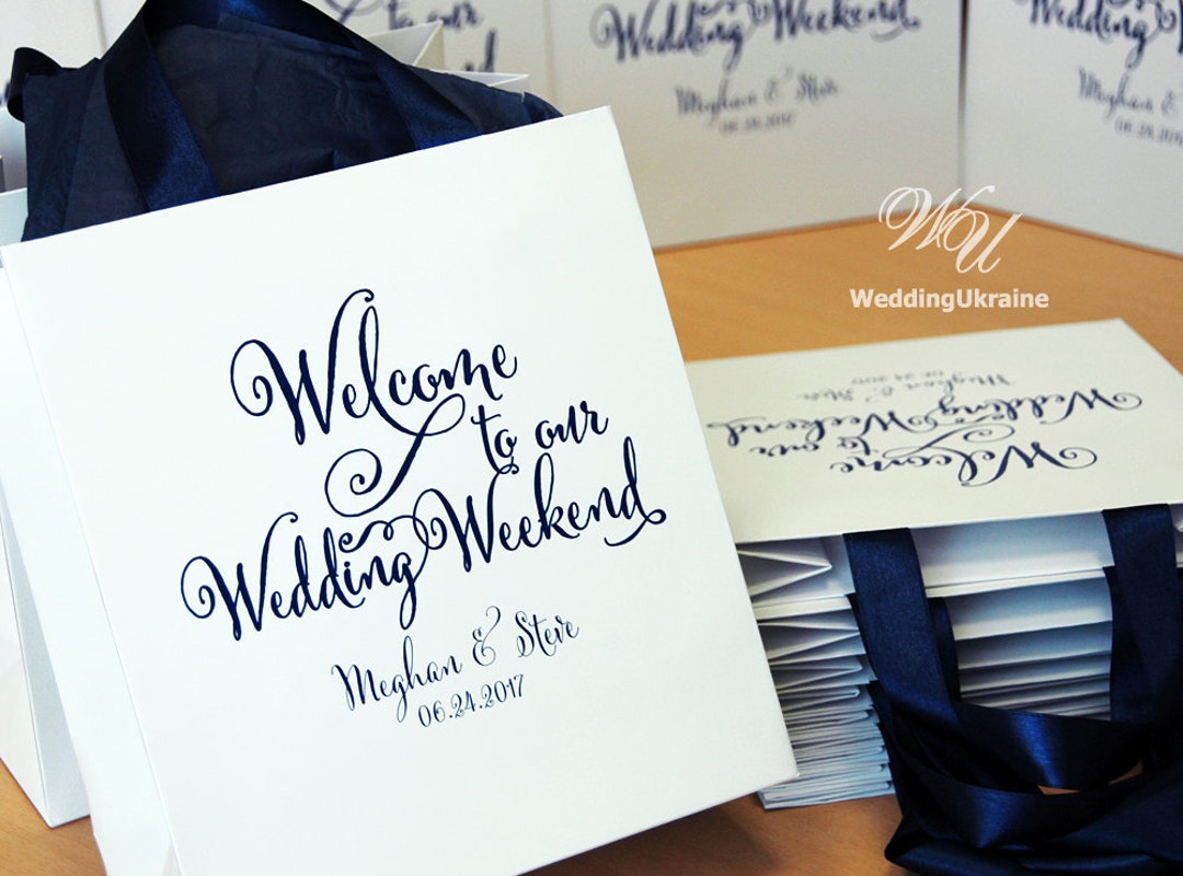 25 Navy Blue Ribbon Handles Wedding Welcome Bags - Custom Personalized ...
