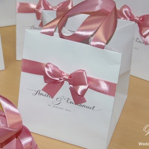 Custom Wedding Welcome Bags with satin ribbon, bow and names - White, Silver and Pale Rose Personalized Paper Bags for Wedding Gifts