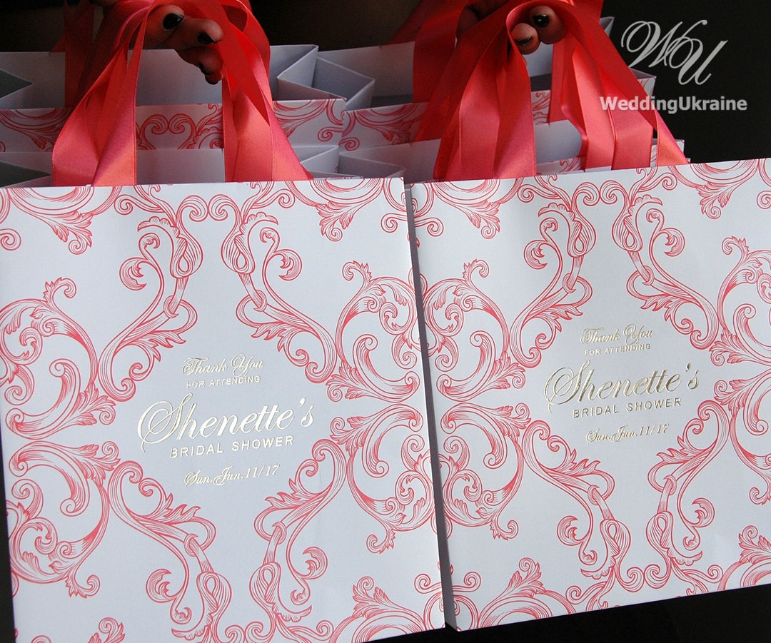 50 Chic Bridal Shower Favor Bags With Coral Satin Ribbon and Print ...