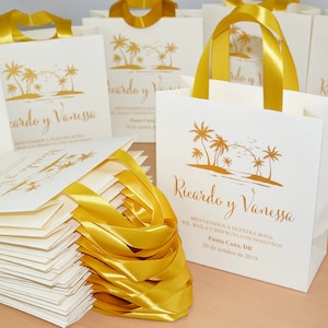 25 Tropical Wedding Welcome Bags with Gold satin ribbon handles, Elegant Personalized Beach Wedding gift bags for wedding favor for guests