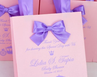20 Baby Shower gift bags Thank your bag with satin ribbon handles, bow and name Elegant light pink & lavender personalized favors for guests
