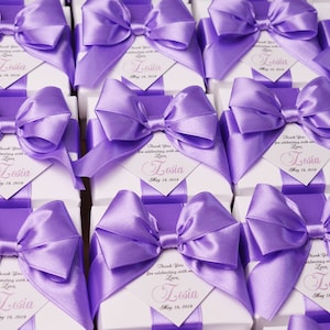 Lavender personalized Birthday party favor box with satin ribbon, bow and your name, Elegant gifts for guests, bonbonniere, candy boxes