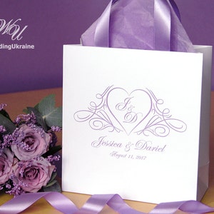 30 Monogram Wedding Welcome Bags with Lavender satin ribbon handles and custom names, Elegant Personalized Wedding gifts & favors for guests