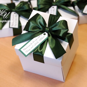 Thank you favor gift box with elegant satin ribbon, bow and tag - White and Dark Green - Custom personalized wedding favor boxes for guests