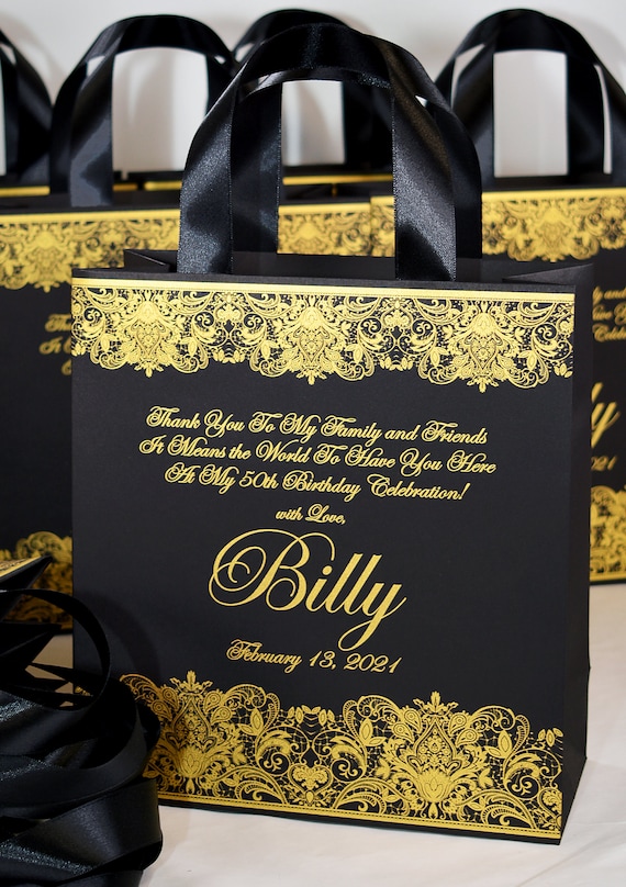 30 Black & Gold Birthday Party Gift Bags With Satin Ribbon Handles and  Custom Name Personalized Anniversary Party Gift and Favors for Guests 
