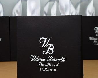 25 Bat Mitzvah gift bags with satin ribbon handles and your name. Elegant Personalized Bat Mitzvah or Bar Mitzvah Party Favors