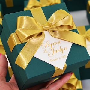 70 Emerald Green & Gold Wedding favor boxes with satin ribbon bow and custom tag, Personalized Wedding Welcome Box for favors for guests
