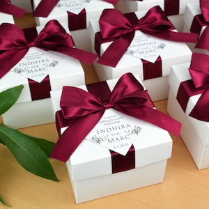 Elegant Wedding favor box with Wine Burgundy satin ribbon bow and custom tag, Personalized boxes for party gifts & favors for guests