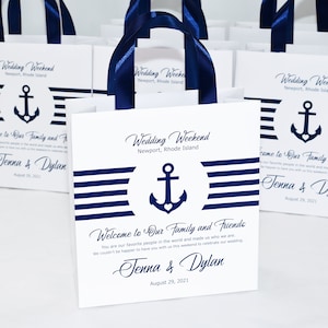 25 Nautical Wedding Welcome Bags with satin ribbon handles, anchor and names. Elegant Navy Blue Personalized Wedding Weekend favor bags