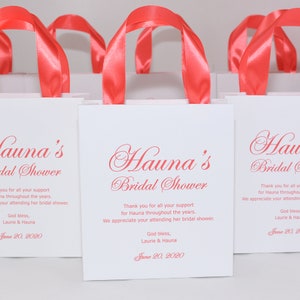 25 Bridal Shower Gift Bags with Coral satin ribbon handles and your name, Elegant gift bags for wedding guests, Bridesmaids Gift Hen weekend