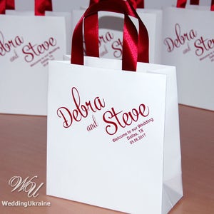 100 Custom Wedding Gift Bags for Guests With Burgundy Satin Ribbon ...