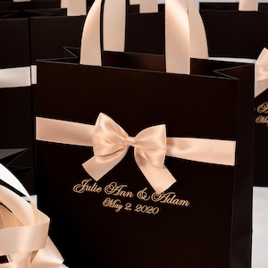 20 Wedding Welcome bags with Champagne satin ribbon handles, bow and names, Elegant Personalized Wedding gifts and favors for guests