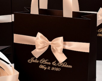 20 Gold Wedding Welcome Bags With Satin Ribbon Handles, Bow and Your Names,  Black & Gold Personalized Wedding Favor for Guests, Goodie Bags 