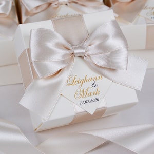 Ivory & Champagne Wedding favor boxes with satin ribbon, bow and tag, Elegant Personalized Wedding candy or gift box, Wedding bonbonniere