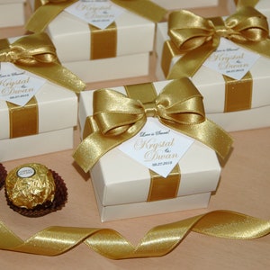 Love is sweet Wedding favor boxes with satin ribbon, bow and your names, Elegant Personalized Ivory and Gold Wedding candy box for guests