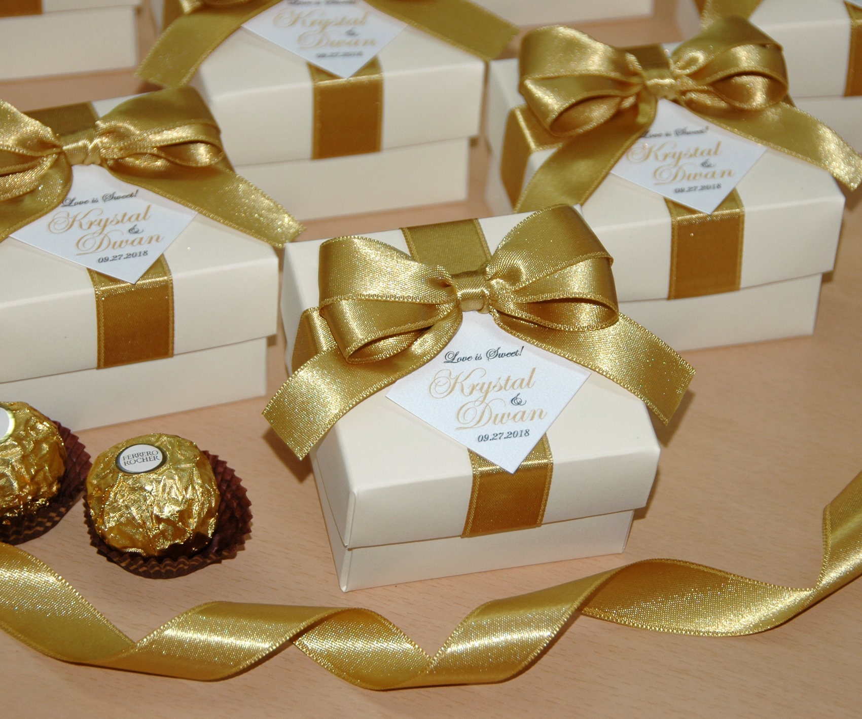 50 PCS Dark Red Candy Boxes with Gold Ribbon for Guest Favors