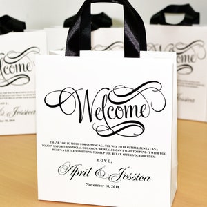 25 Wedding favor gift bags for hotel guests, Elegant Personalized Destination Wedding Welcome Bags with satin ribbon handles & your names