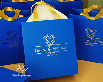 100 Wedding gift bags with Gold satin ribbon and Gold foil names - Elegant Custom Personalized Paper Bag - Royal Blue Wedding Welcome Bags