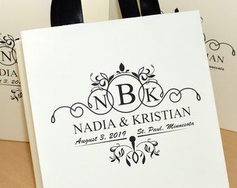 25 elegante Hochzeits-Monogramm-Willkommenstaschen für Hochzeitsbevorzugungen für Gäste, personalisierte Ivory-Geschenktaschen mit Satinbandgriffen und Ihren Namen