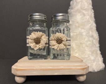 3 piece set Farmhouse Style Salt and Pepper Shaker Set on Wooden Tray