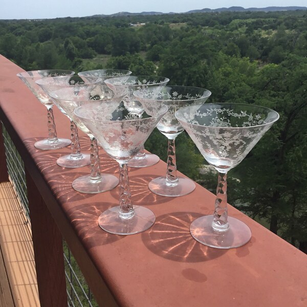 Set Eight Fostoria Mayflower Champagne/Tall Sherbet Glasses, Etched Crystal Champagne Glasses