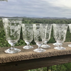 Fostoria Meadow Rose Juice Sherbet Glasses, Etched Crystal Glasses