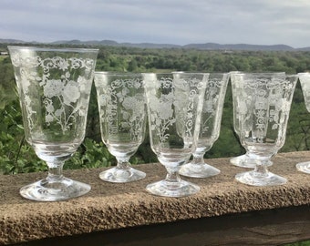 Fostoria Meadow Rose Juice Sherbet Glasses, Etched Crystal Glasses