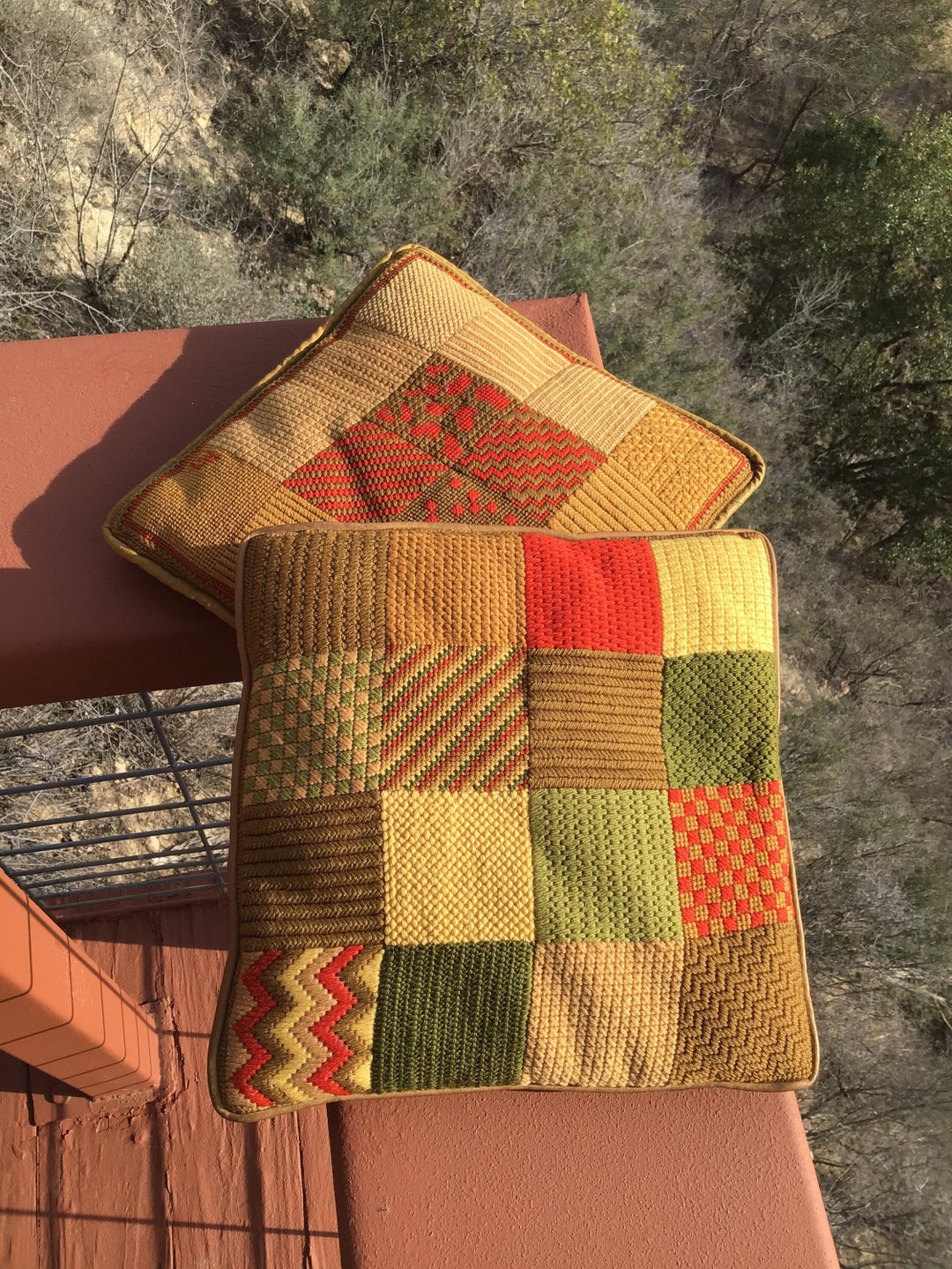 Pair Vintage Handmade Needlepoint Pillows Gold Decorative Etsy