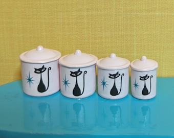 Black Cat & Turquoise Starbursts Canisters 1:12 Dollhouse Miniature Mid Century Retro 50's 60's 70's