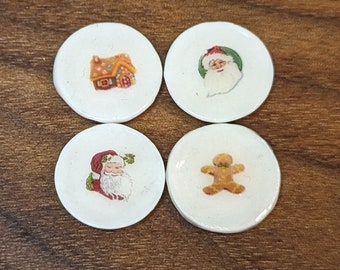 Gingerbread Christmas Porcelain Dinner Plate 3/4" Set of 4 1:12 Dollhouse Miniature Retro Vintage 40's  50's 60's