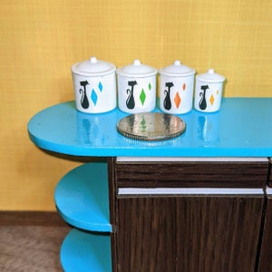 Black Cat & Multicolor Diamonds Canisters 1:12 Dollhouse Miniature Mid Century Retro 50's 60's 70's