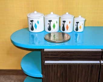 Black Cat & Multicolor Diamonds Canisters 1:12 Dollhouse Miniature Mid Century Retro 50's 60's 70's