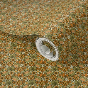 Retro Flowers Orange Green Dollhouse Wallpaper Peel & Stick Retro Mid-Century Small Scale