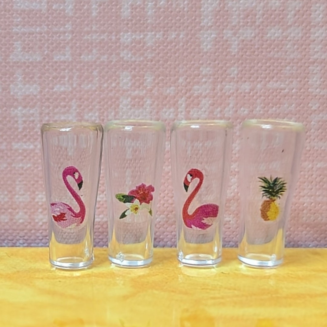 Tropical Flamingo Bar Glasses set of 4 1:12 Scale Dollhouse Mid Century