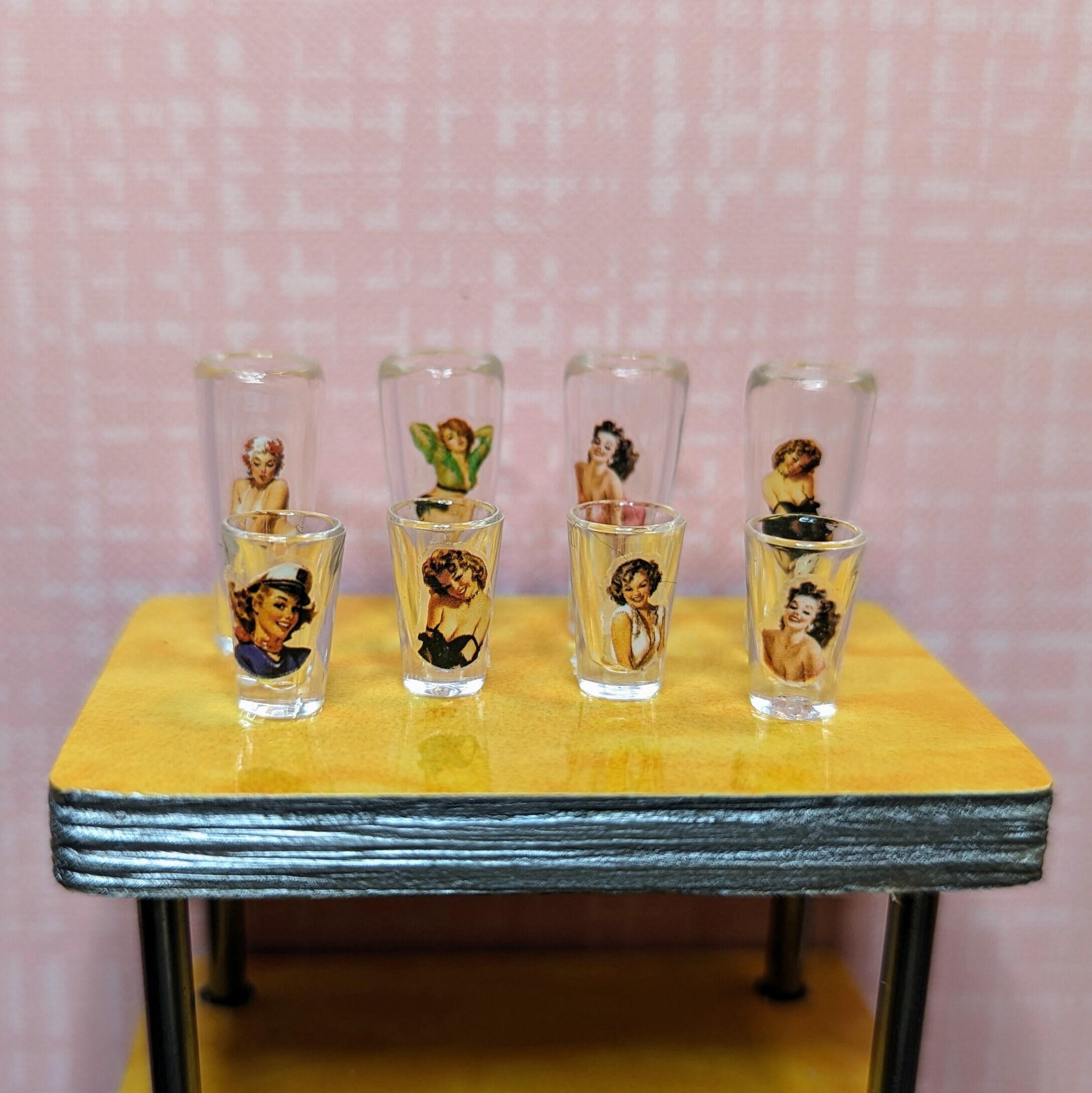 Pinup Girl Bar Glasses Highball & Lowball 1:12 Scale Dollhouse Mid Century Retro