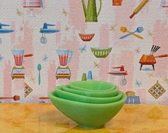 Swedish Modern *Jadeite* Teardrop Mixing Bowl Set 1:12 Scale Dollhouse Miniature Retro Mid Century Vintage Atomic
