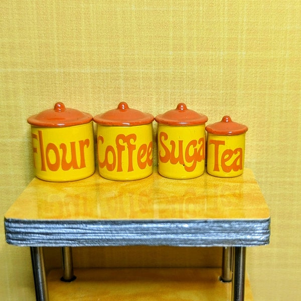 70's Yellow and Orange  Canisters 1:12 Dollhouse Miniature Mid Century Retro 50's 60's 70's