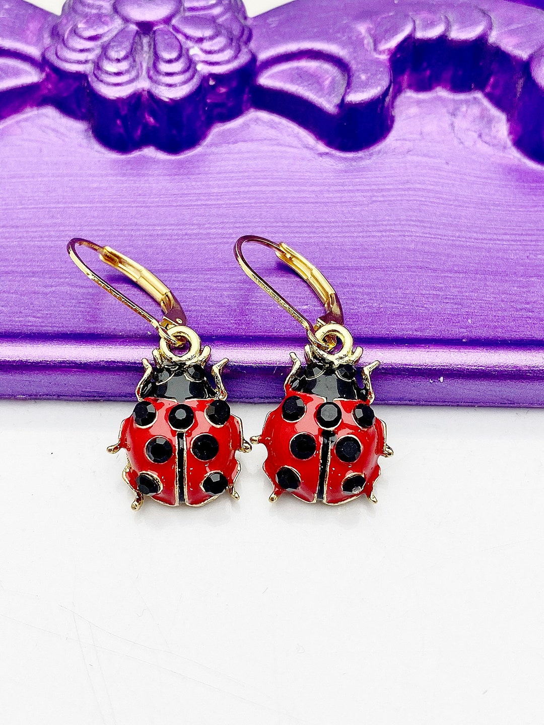 Ladybug Earrings, Hypoallergenic Earrings, Gold Red Black Ladybug Charm