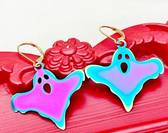 Halloween Ghost Earrings, Hypoallergenic, Dangle Hoop Lever-back Earrings, L484