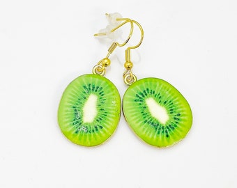 Kiwi Earrings, Gold Green Kiwi Earrings, Foodie Fruit Earrings Gifts, Hypoallergenic Earrings, Dangle Hoop Lever-back Earrings L706