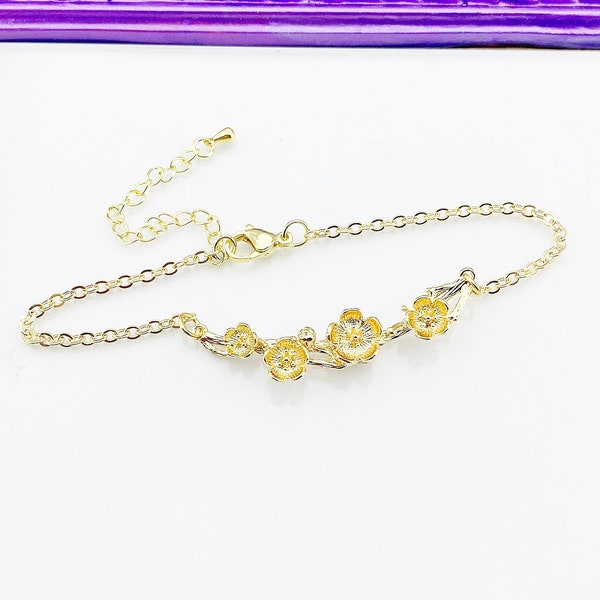 Gold Cherry Blossom Bracelet, Real 18K Gold Plated Brunch Plum Cherry Blossom, Sakura, Japanese, Wedding Gift, L274